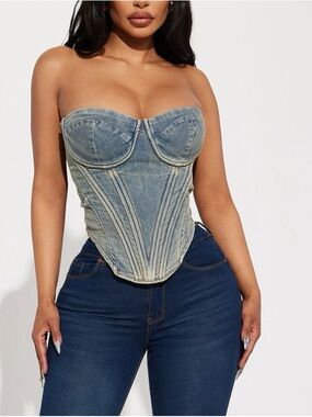 Fashion Nova Light Wash Denim Corset Top